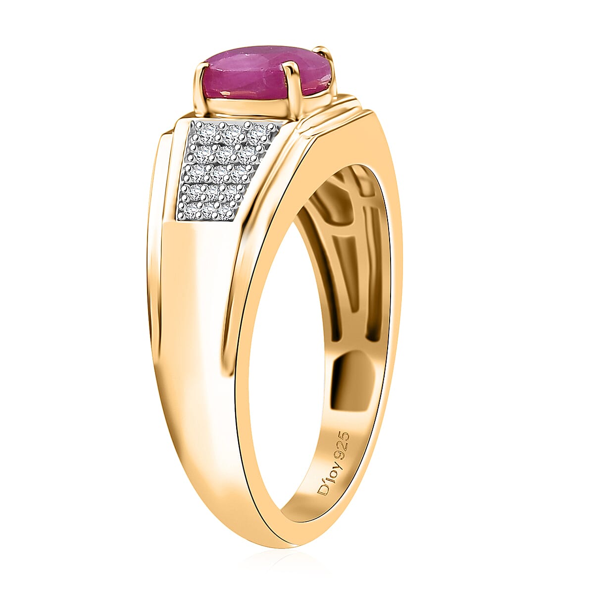 D'Joy AAA Royal Ruby and Diamond 2.00 ctw Men's Ring in 18K Vermeil Yellow Gold Over Sterling Silver (Size 12.0) image number 3