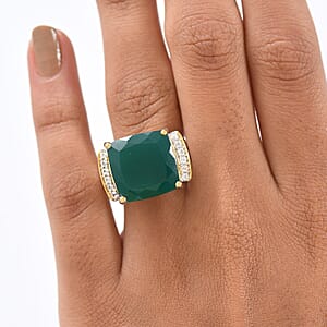 EverTrue Verde Onyx, White Zircon Ring in 18K YG Plated and Platinum Bond 12.65 ctw (Size 10.0)