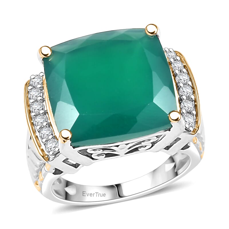 EverTrue Verde Onyx, White Zircon Ring in 18K YG Plated and Platinum Bond 12.65 ctw (Size 6.0)