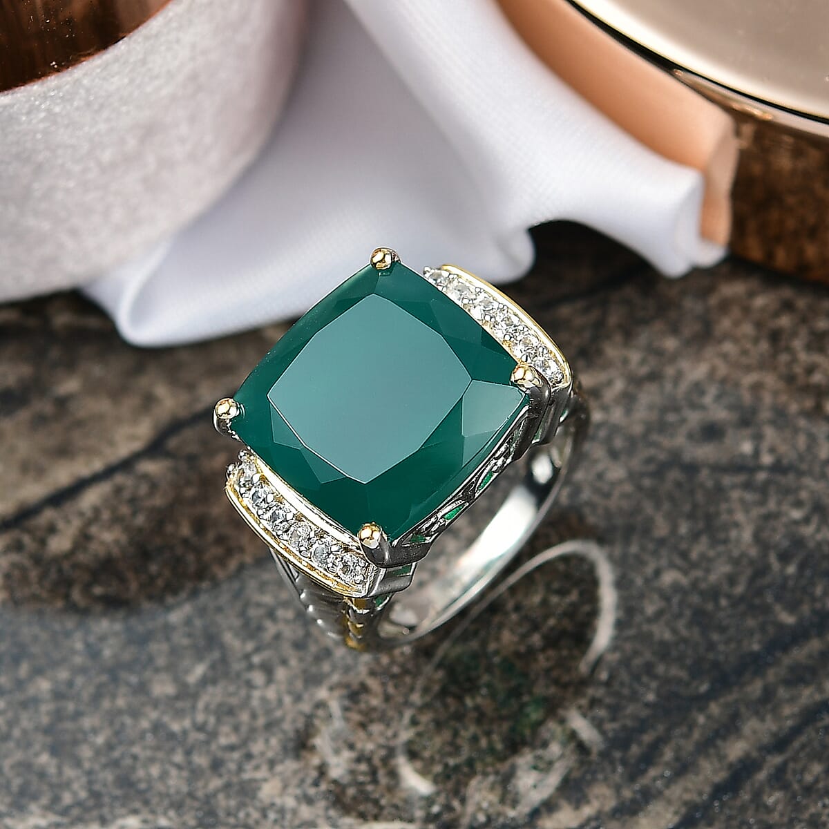 EverTrue Verde Onyx, White Zircon Ring in 18K YG Plated and Platinum Bond 12.65 ctw (Size 7.0) image number 1