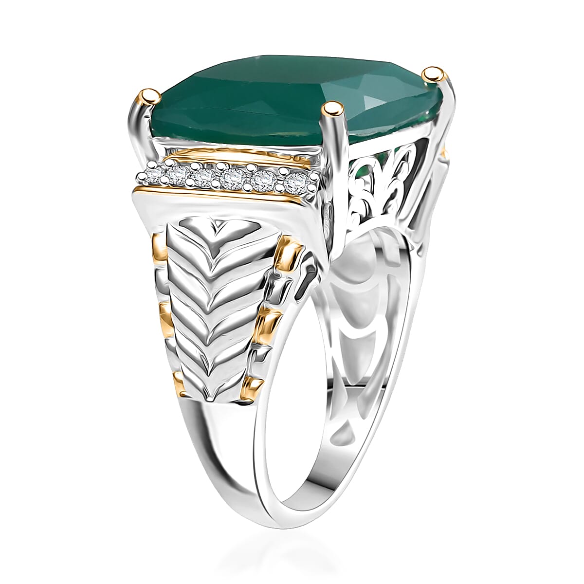 EverTrue Verde Onyx, White Zircon Ring in 18K YG Plated and Platinum Bond 12.65 ctw (Size 7.0) image number 3