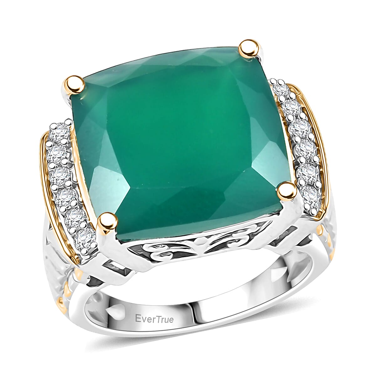 EverTrue Verde Onyx, White Zircon Ring 18K YG Plated and Platinum Bond (Size 10.0) 12.65 ctw