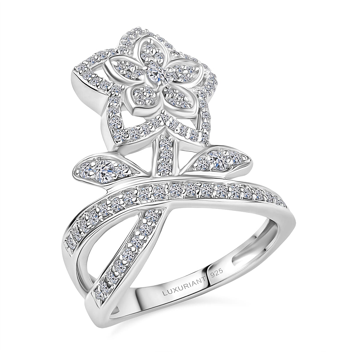 Luxuriant Lab Grown Diamond (G-H, SI) Flower Ring in Rhodium Over Sterling Silver 0.75 ctw (Size 10.0)