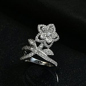 Luxuriant Lab Grown Diamond (G-H, SI) Flower Ring in Rhodium Over Sterling Silver 0.75 ctw (Size 10.0)