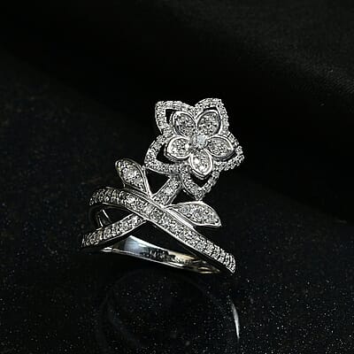 Luxuriant Lab Grown Diamond (G-H, SI) Flower Ring in Rhodium Over Sterling Silver 0.75 ctw (Size 10.0)