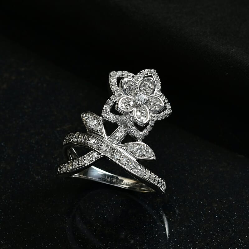 Luxuriant Lab Grown Diamond (G-H, SI) Flower Ring in Rhodium Over Sterling Silver 0.75 ctw (Size 10.0)