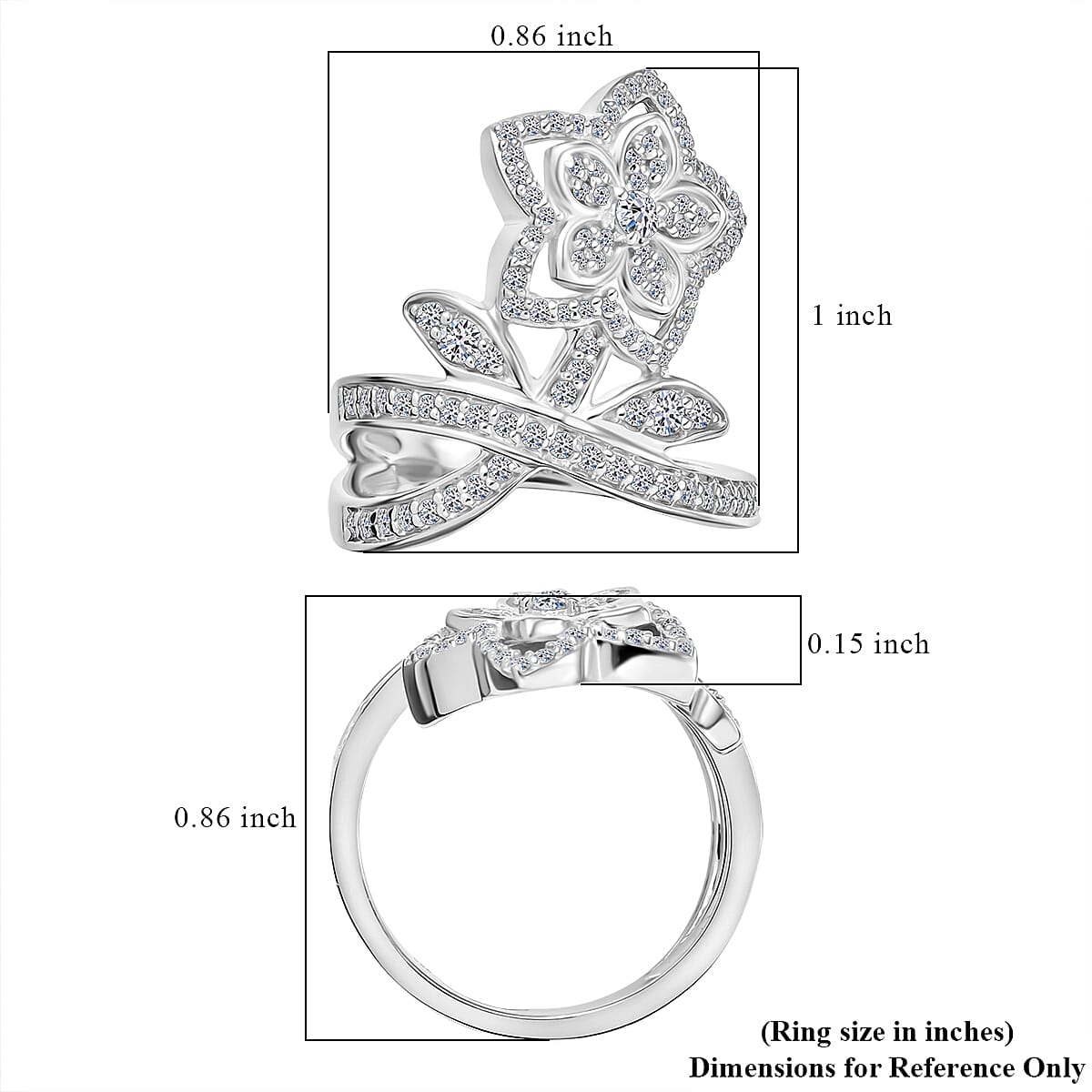 Luxuriant Lab Grown Diamond (G-H, SI) Flower Ring in Rhodium Over Sterling Silver 0.75 ctw (Size 10.0)
