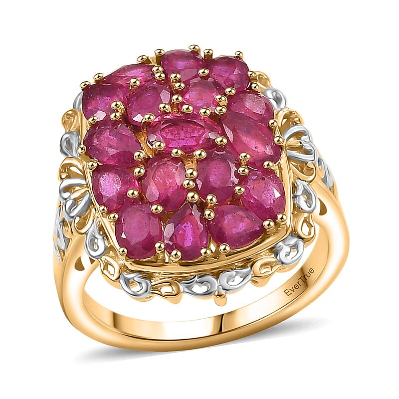 EverTrue Niassa Ruby (FF) 4.25 ctw Floral Cluster Ring in 18K YG Plated and Platinum Bond (Size 10.0)