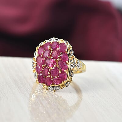 EverTrue Niassa Ruby (FF) 4.25 ctw Floral Cluster Ring in 18K YG Plated and Platinum Bond (Size 10.0)