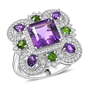 GP Royal Art Deco Collection African Amethyst and Multi Gemstone 5.50 ctw Ring in Rhodium Over Sterling Silver (Size 10.0)