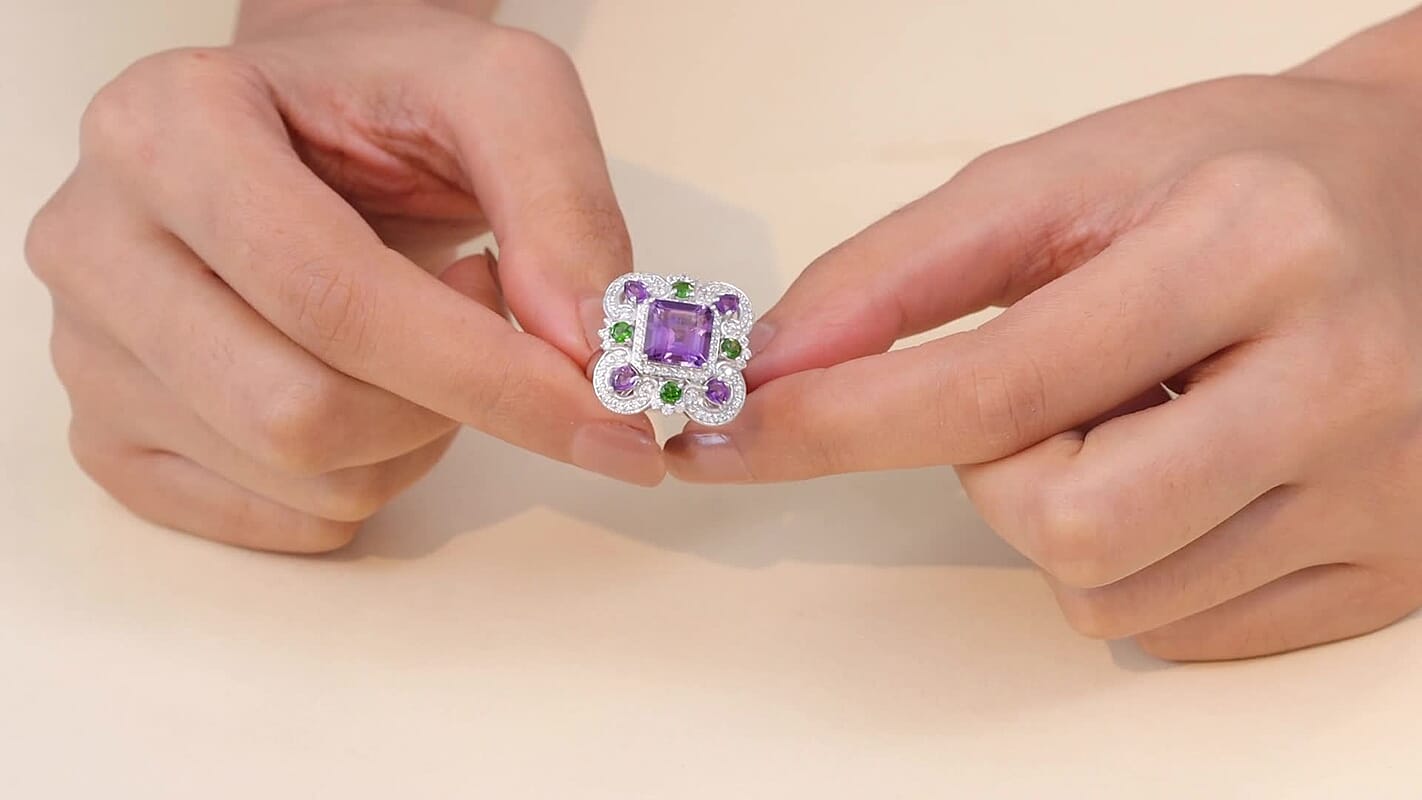 GP African Amethyst, Multi Gemstone Ring in Rhodium Over Sterling Silver (Size 10.0) 5.50 ctw