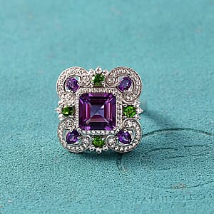 GP Royal Art Deco Collection African Amethyst and Multi Gemstone 5.50 ctw Ring in Rhodium Over Sterling Silver (Size 10.0)