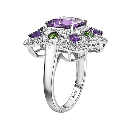GP Royal Art Deco Collection African Amethyst and Multi Gemstone 5.50 ctw Ring in Rhodium Over Sterling Silver (Size 10.0)