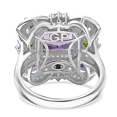GP Royal Art Deco Collection African Amethyst and Multi Gemstone 5.50 ctw Ring in Rhodium Over Sterling Silver (Size 10.0)