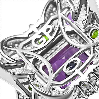 GP Royal Art Deco Collection African Amethyst and Multi Gemstone 5.50 ctw Ring in Rhodium Over Sterling Silver (Size 10.0)