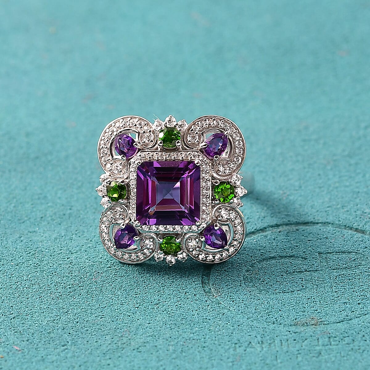 GP Royal Art Deco Collection African Amethyst and Multi Gemstone 5.50 ctw Ring in Rhodium Over Sterling Silver (Size 5.0) image number 1
