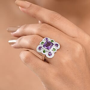GP Royal Art Deco Collection African Amethyst and Multi Gemstone 5.50 ctw Ring in Rhodium Over Sterling Silver (Size 5.0)
