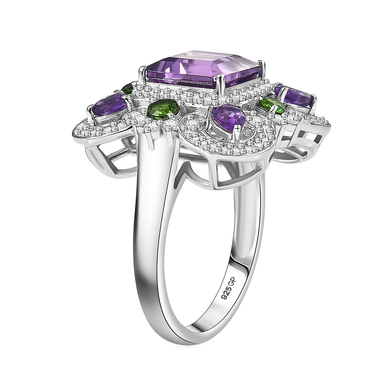 GP Royal Art Deco Collection African Amethyst and Multi Gemstone 5.50 ctw Ring in Rhodium Over Sterling Silver (Size 6.0) image number 4