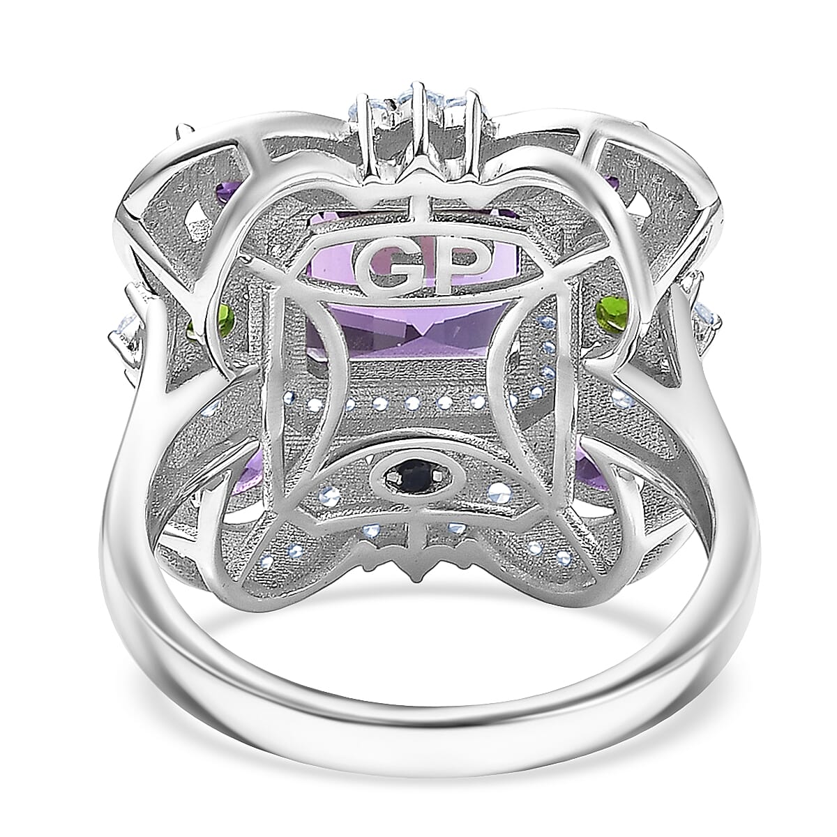 GP Royal Art Deco Collection African Amethyst and Multi Gemstone 5.50 ctw Ring in Rhodium Over Sterling Silver (Size 6.0)