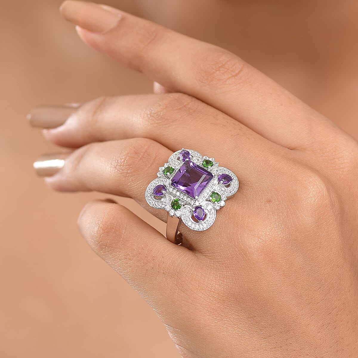 GP Royal Art Deco Collection African Amethyst and Multi Gemstone 5.50 ctw Ring in Rhodium Over Sterling Silver (Size 7.0) image number 3
