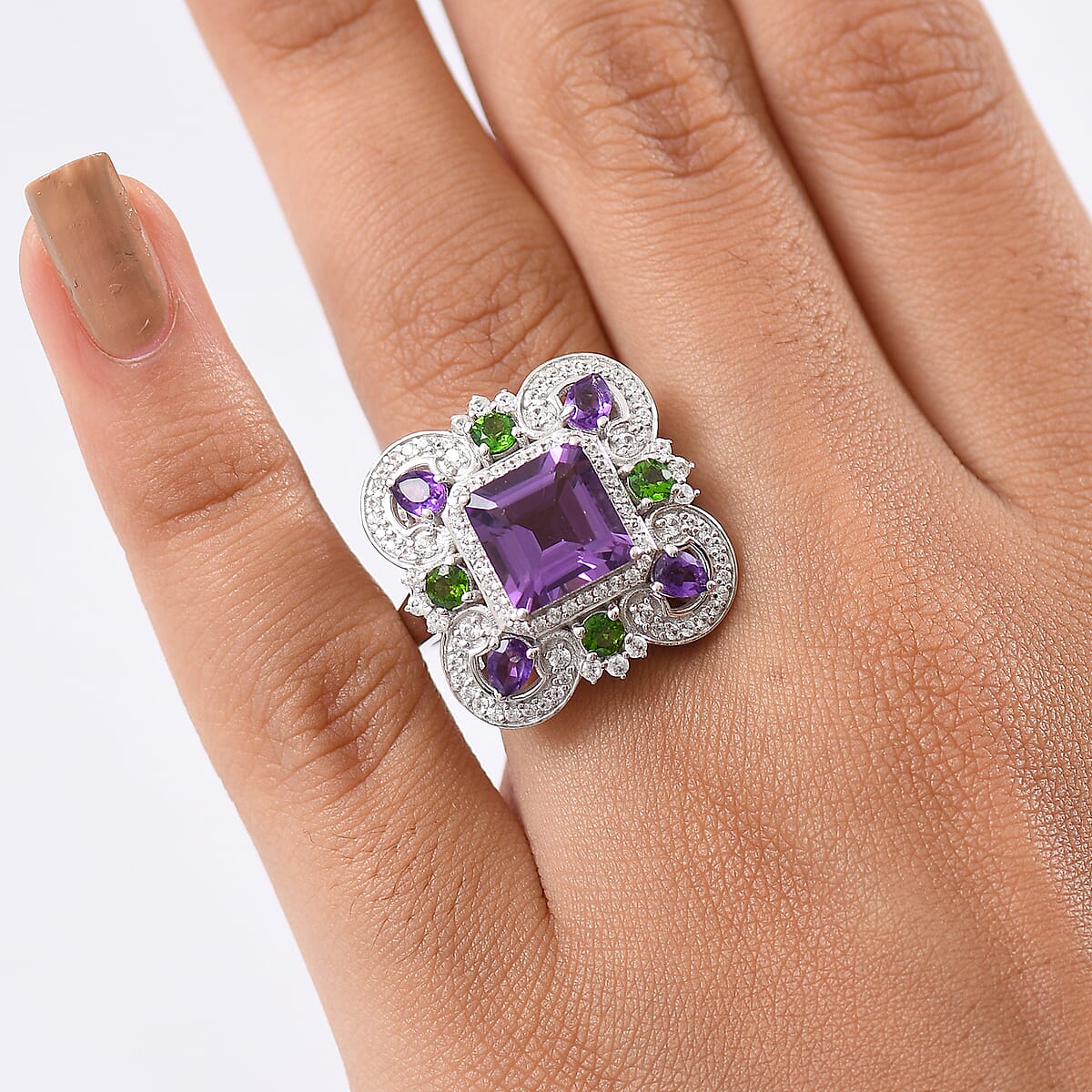 GP Royal Art Deco Collection African Amethyst and Multi Gemstone 5.50 ctw Ring in Rhodium Over Sterling Silver (Size 8.0) image number 2