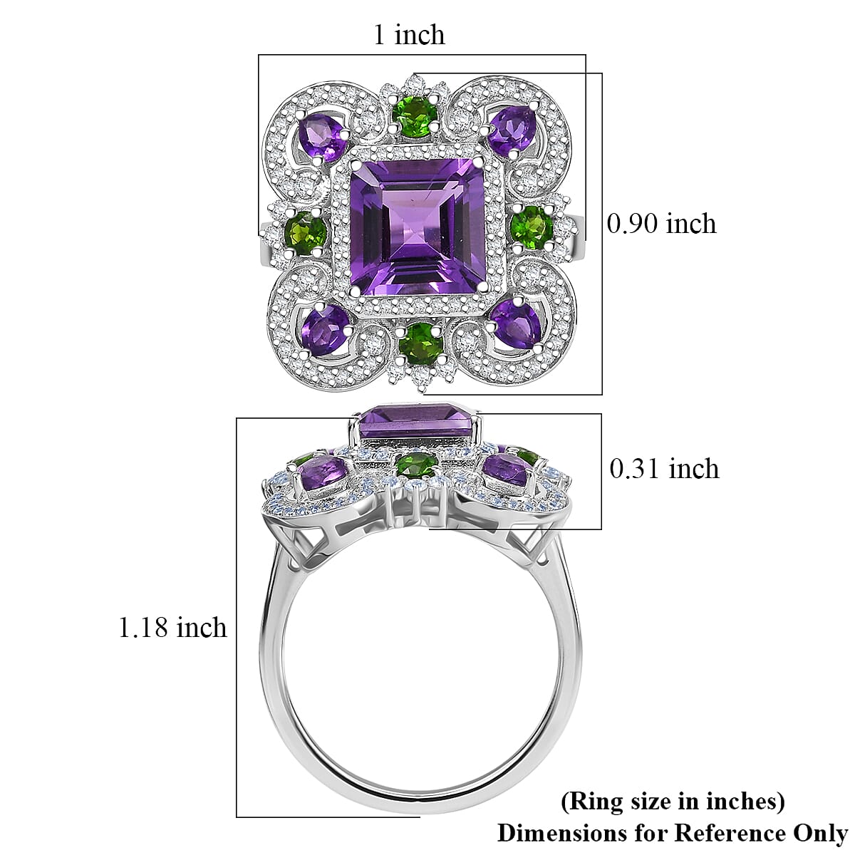 GP Royal Art Deco Collection African Amethyst and Multi Gemstone 5.50 ctw Ring in Rhodium Over Sterling Silver (Size 8.0) image number 6