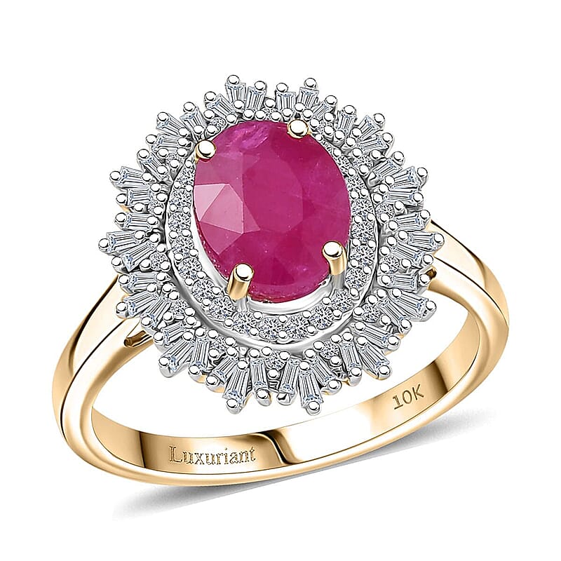 10K Yellow Gold AAA Royal Ruby, Luxuriant Lab Grown Diamond (E-F, VS) (0.40 cts) Ring (Size 12.0)(Del. in 10-12 Days) (4.25 g) 3.40 ctw