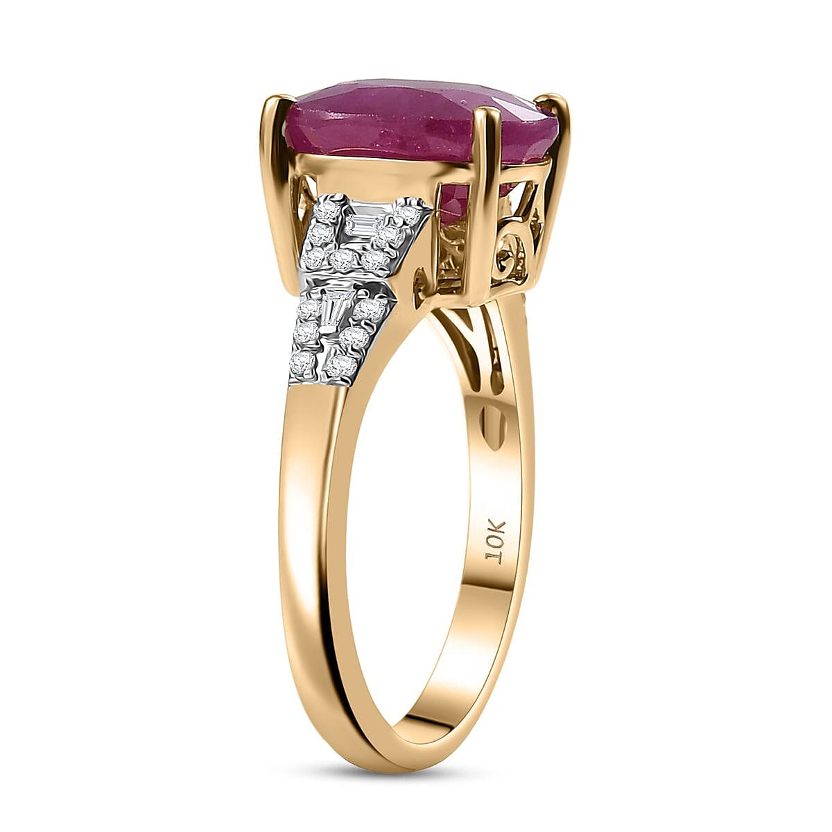 Luxoro AAA Royal Ruby and G-H I2 Diamond 5.75 ctw Art Deco Ring in 10K Yellow Gold (Size 7.0) image number 3