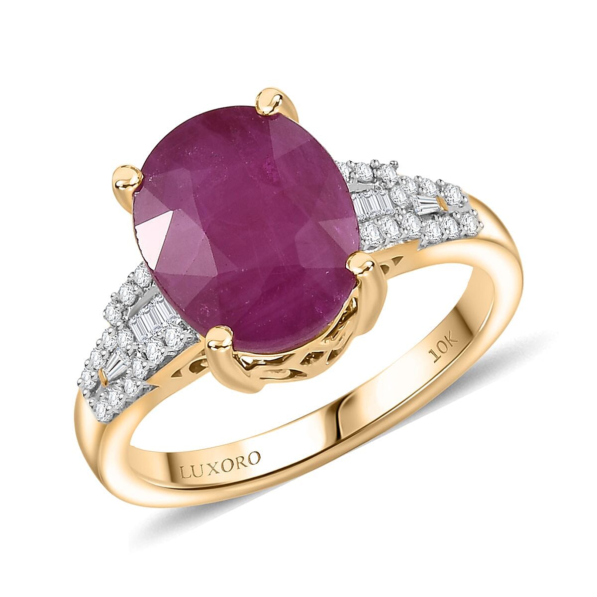 Luxoro AAA Royal Ruby and G-H I2 Diamond 5.75 ctw Art Deco Ring in 10K Yellow Gold (Size 8.0) (Del. in 10-12 Days) image number 0