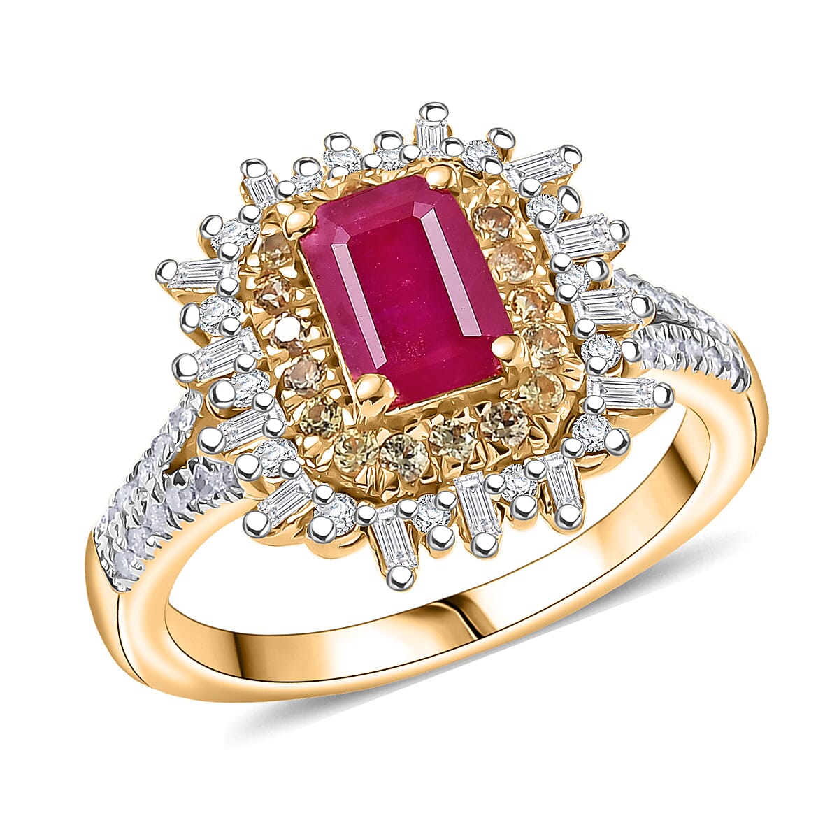 D'Joy AAA Royal Ruby, Yellow Sapphire and Diamond 1.50 ctw Ring in 18K Vermeil Yellow Gold Over Sterling Silver (Size 7.0) image number 0