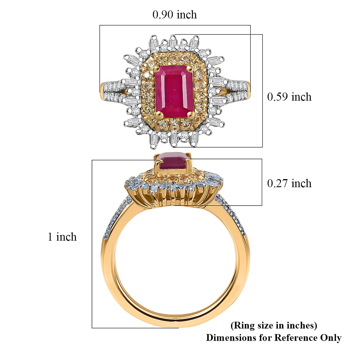 D'Joy AAA Royal Ruby, Yellow Sapphire and Diamond 1.50 ctw Ring in 18K Vermeil Yellow Gold Over Sterling Silver (Size 7.0) image number 5