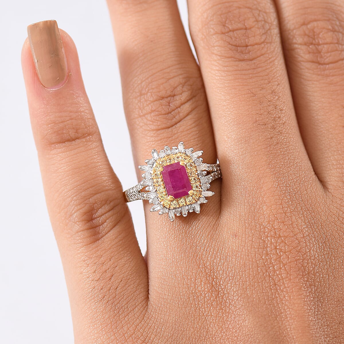 D'Joy AAA Royal Ruby, Yellow Sapphire and Diamond 1.85 ctw Ring in 18K Vermeil Yellow Gold Over Sterling Silver (Size 8.0) image number 2