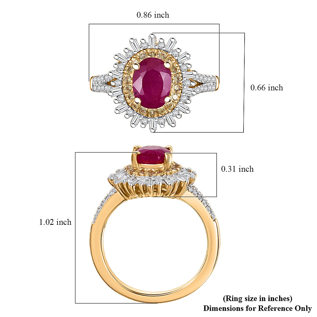 D'Joy AAA Royal Ruby, Yellow Sapphire and Diamond 2.50 ctw Ring in 18K Vermeil Yellow Gold Over Sterling Silver (Size 8.0) image number 5