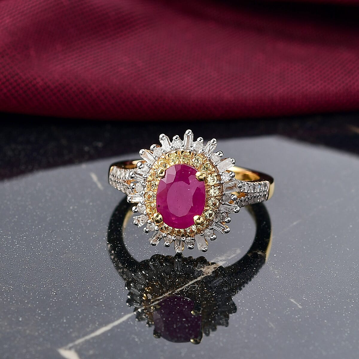 D'Joy AAA Royal Ruby, Yellow Sapphire and Diamond 2.50 ctw Ring in 18K Vermeil Yellow Gold Over Sterling Silver (Size 9.0) image number 1