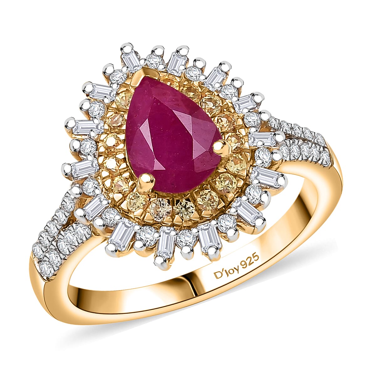 D'Joy AAA Royal Ruby, Yellow Sapphire and Diamond (0.45 cts) Ring in 18K Vermeil YG Over Sterling Silver (Size 10.0) 1.85 ctw