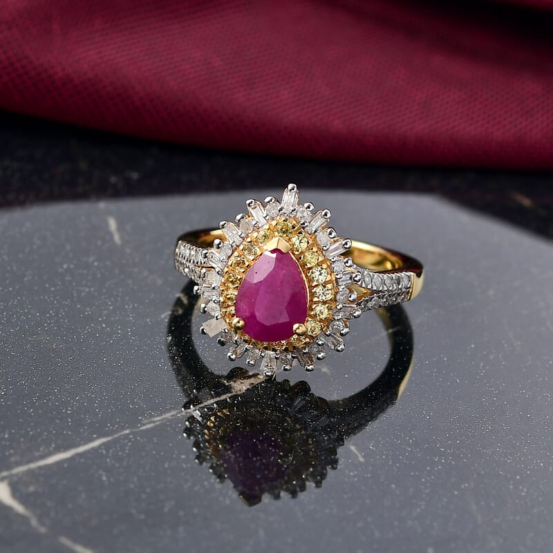 D'Joy AAA Royal Ruby, Yellow Sapphire and Diamond 1.90 ctw Ring in 18K Vermeil Yellow Gold Over Sterling Silver (Size 7.0)