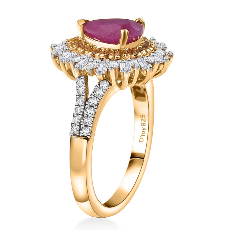 D'Joy AAA Royal Ruby, Yellow Sapphire and Diamond 1.90 ctw Ring in 18K Vermeil Yellow Gold Over Sterling Silver (Size 7.0)