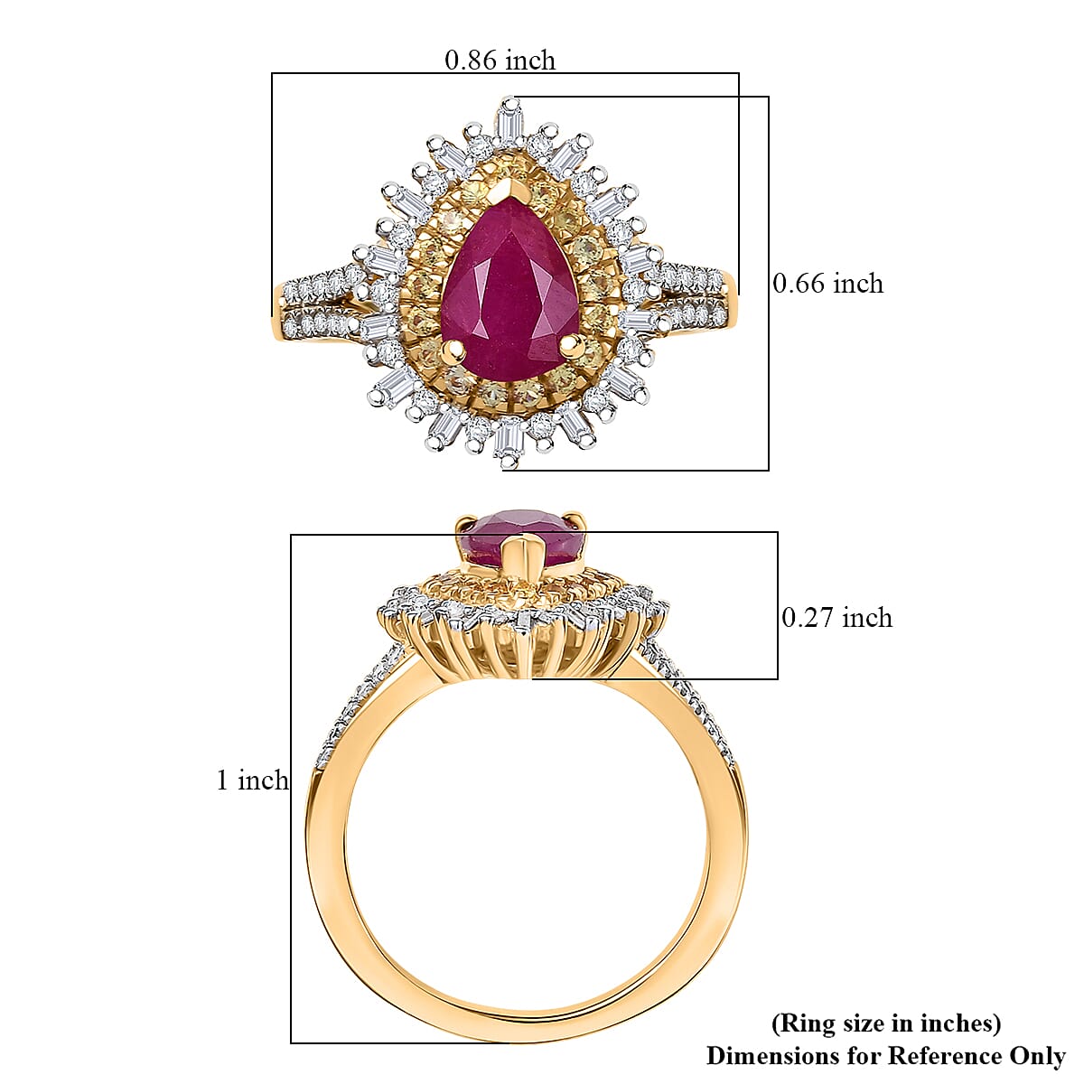 D'Joy AAA Royal Ruby, Yellow Sapphire and Diamond 1.90 ctw Ring in 18K Vermeil Yellow Gold Over Sterling Silver (Size 7.0)