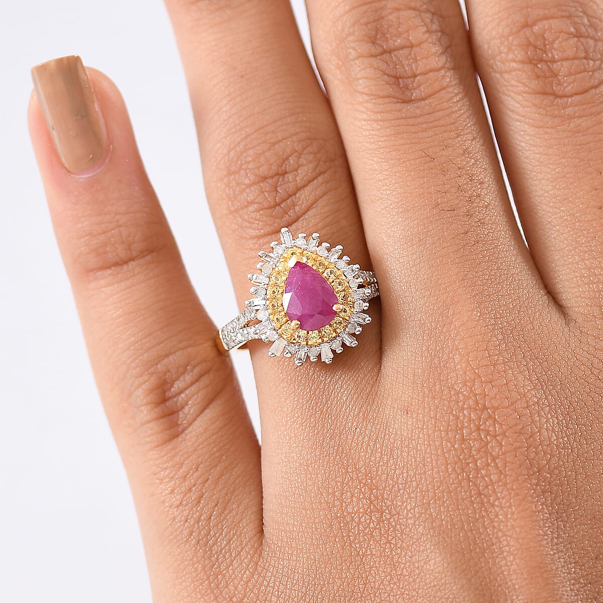 D'Joy AAA Royal Ruby, Yellow Sapphire and Diamond 1.90 ctw Ring in 18K Vermeil Yellow Gold Over Sterling Silver (Size 9.0) image number 2