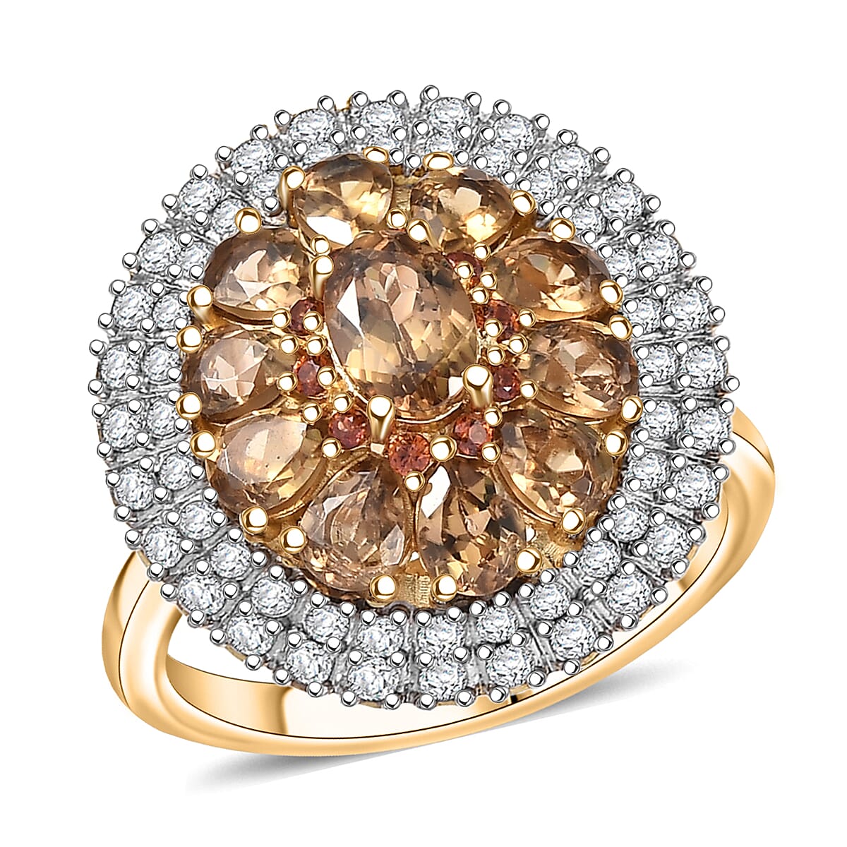 D'Joy Golden Turkizite, White and Chocolate Zircon 3.40 ctw Floral Ring in 18K Vermeil Yellow Gold Over Sterling Silver (Size 10.0) image number 0