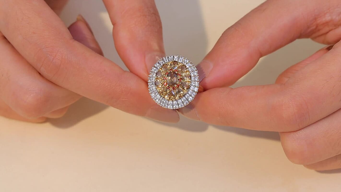 D'Joy Golden Turkizite, White and Chocolate Zircon Floral Ring in 18K Vermeil YG Over Sterling Silver (Size 10.0) 3.90 ctw