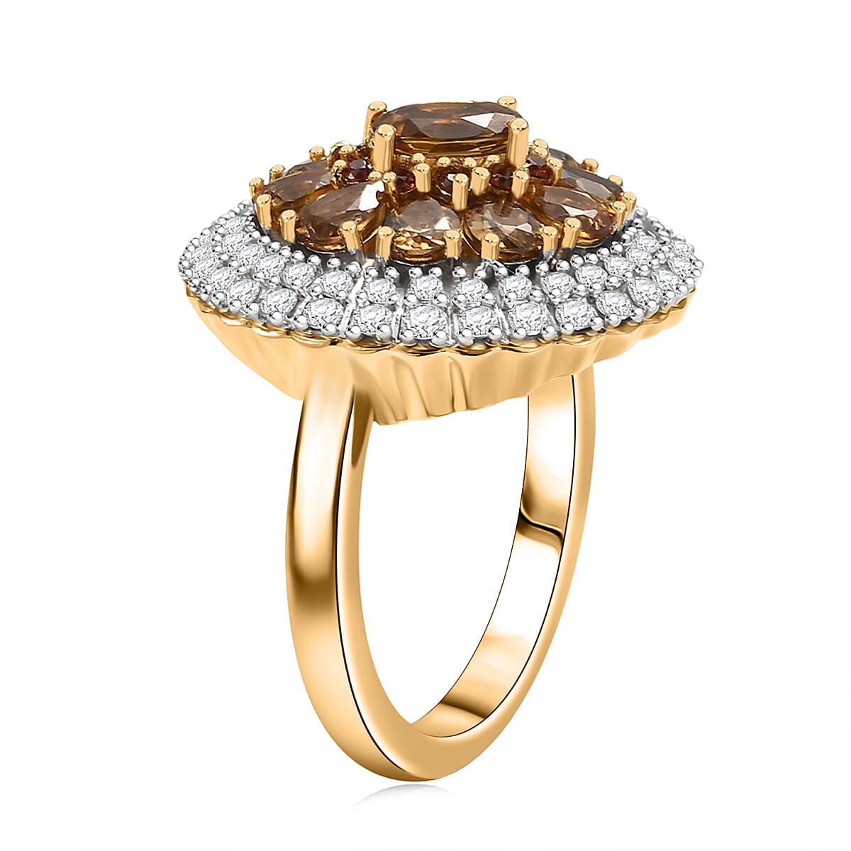 D'Joy Golden Turkizite, White and Chocolate Zircon 3.40 ctw Floral Ring in 18K Vermeil Yellow Gold Over Sterling Silver (Size 10.0) image number 3