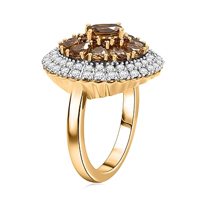 D'Joy Golden Turkizite, White and Chocolate Zircon 3.40 ctw Floral Ring in 18K Vermeil Yellow Gold Over Sterling Silver (Size 10.0)