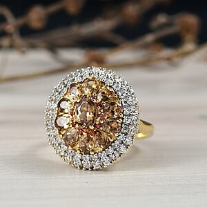 D'Joy Golden Turkizite, White and Chocolate Zircon 3.40 ctw Floral Ring in 18K Vermeil Yellow Gold Over Sterling Silver (Size 6.0)