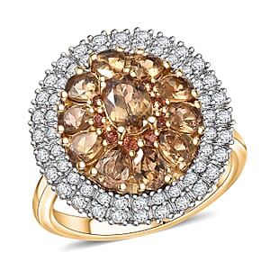 D'Joy Golden Turkizite, White and Chocolate Zircon 3.40 ctw Floral Ring in 18K Vermeil Yellow Gold Over Sterling Silver (Size 7.0)