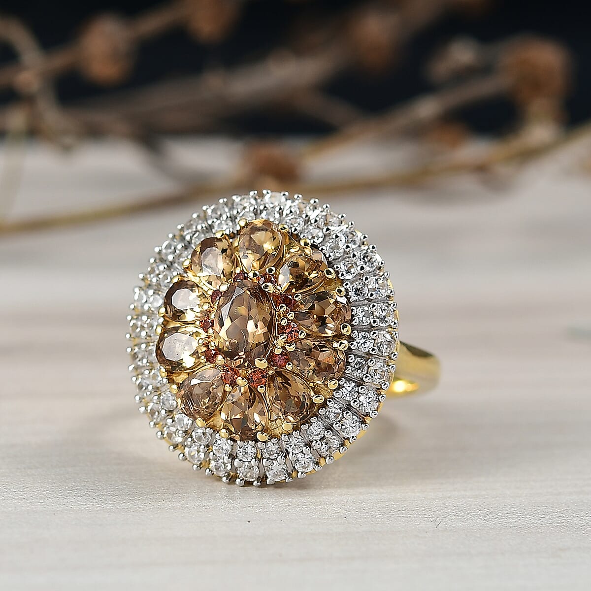 D'Joy Golden Turkizite, White and Chocolate Zircon 3.40 ctw Floral Ring in 18K Vermeil Yellow Gold Over Sterling Silver (Size 7.0) image number 1