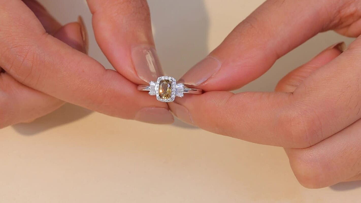 D'Joy Golden Turkizite, Moissanite Ring in Rhodium Over Sterling Silver (Size 6.0) 0.85 ctw