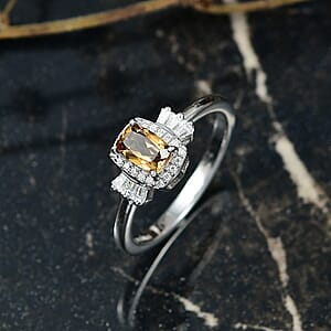 D'Joy Golden Turkizite and Moissanite 0.85 ctw Ring in Rhodium Over Sterling Silver (Size 6.0)