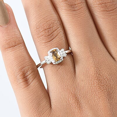 D'Joy Golden Turkizite and Moissanite 0.85 ctw Ring in Rhodium Over Sterling Silver (Size 6.0)