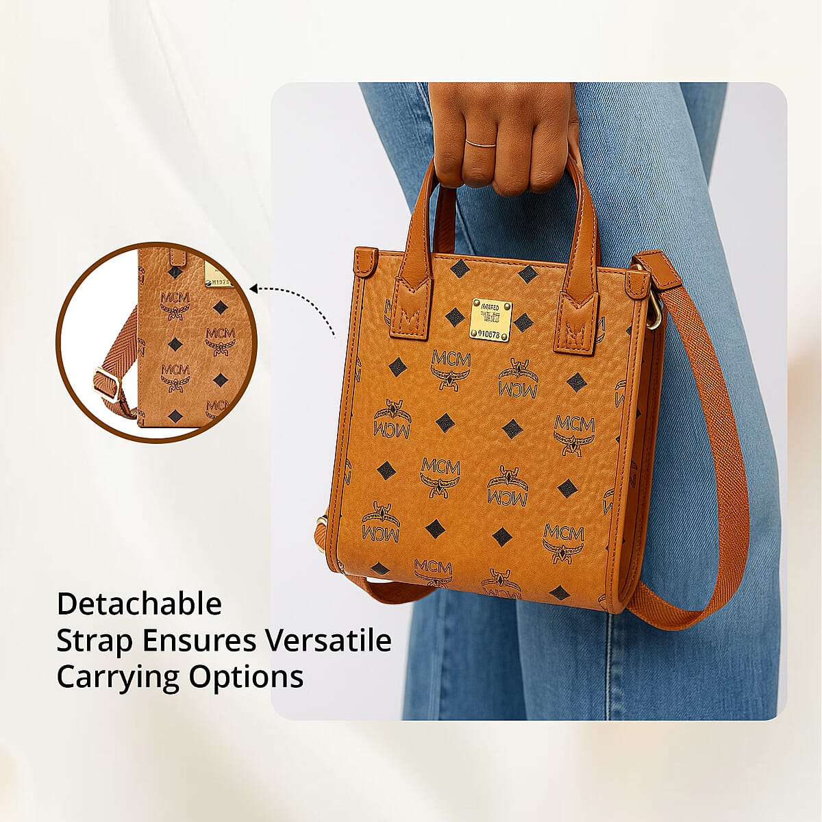 Closeout MCM Cognac Genuine Leather Mini Tote Bag (Ships in 8-10 Business Days) image number 2